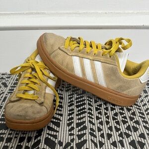 adidas women Suede Sneakers in Tan with White Stripes and Yellow Accents